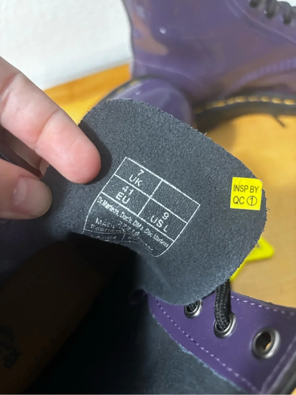 Dr. Martens Glossy Purple Patent Lace-Up Boots with Yellow Heel Loop - Picture 4 of 5